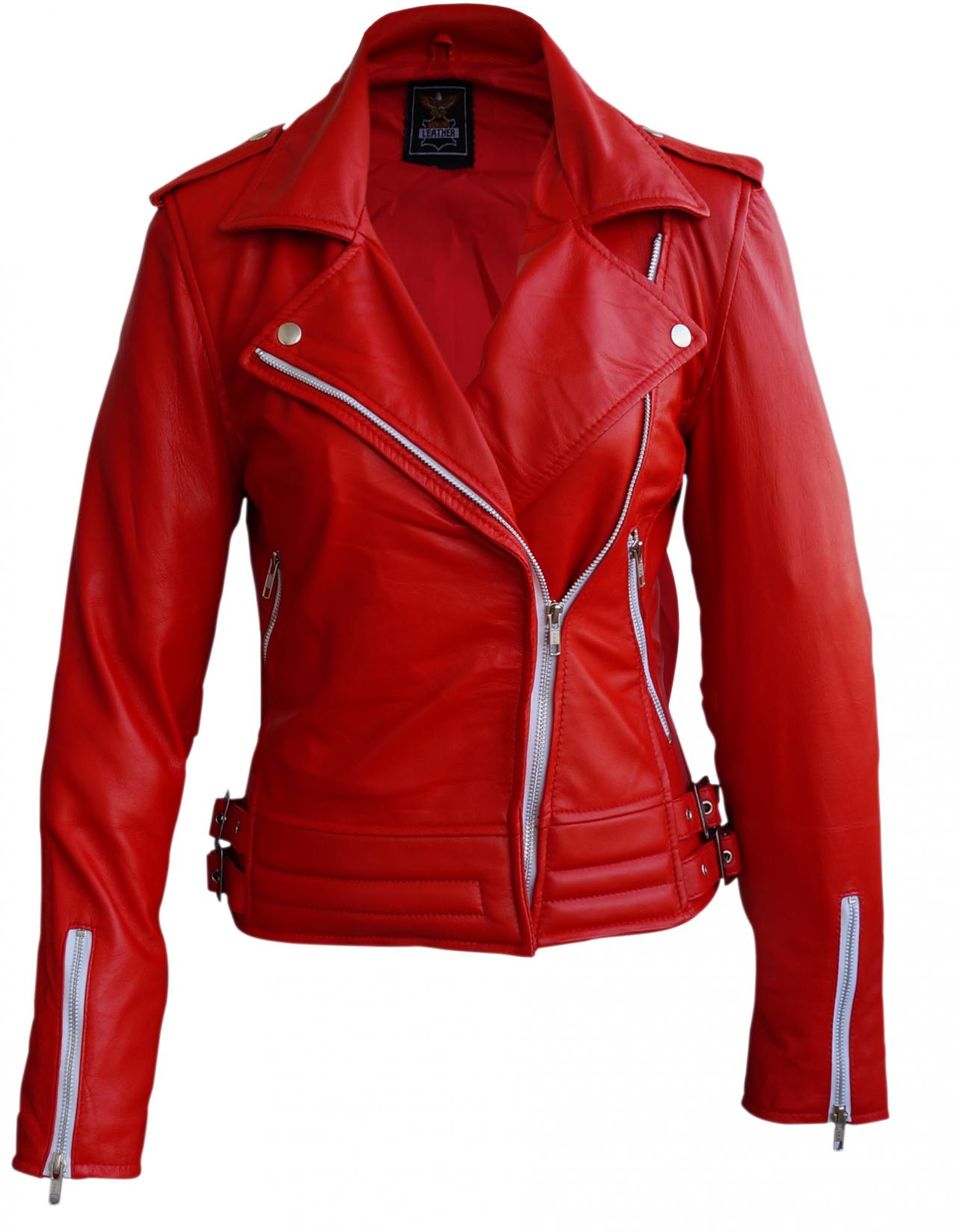 Leather Skin Women Red Brando White Zippers Jacket On Luulla Leather Skin Women Red Brando White Zippers Jacket